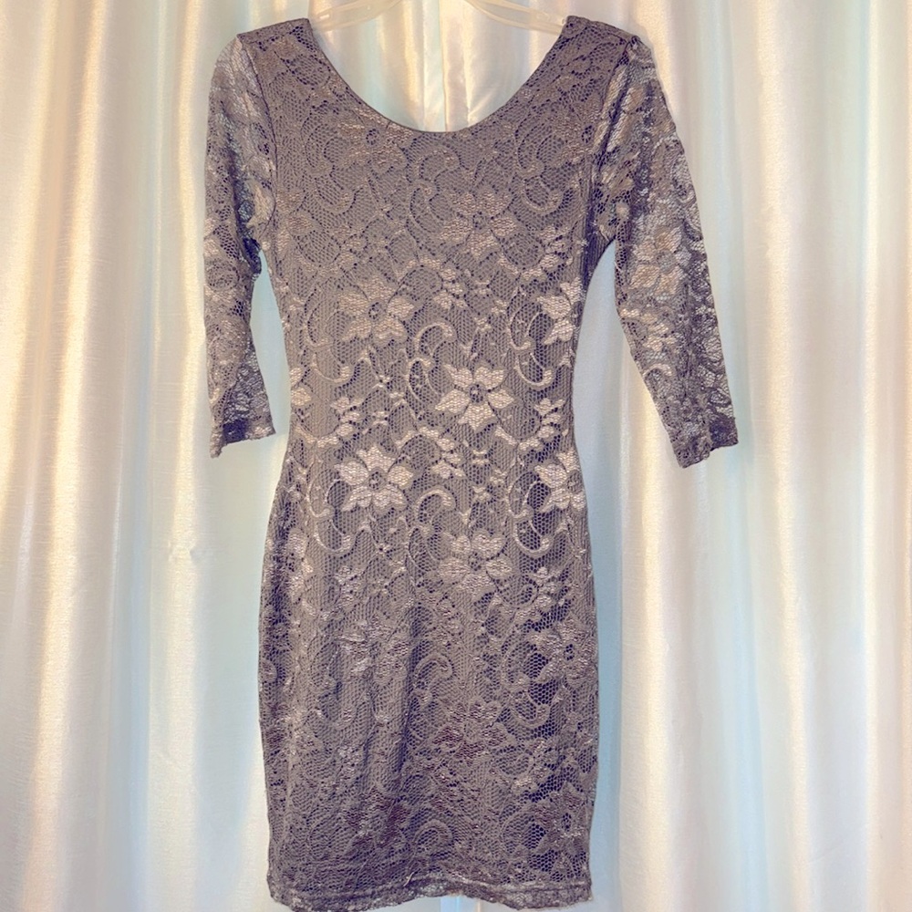 Guess Charcoal Gray Floral Lace Long Sleeve Dress